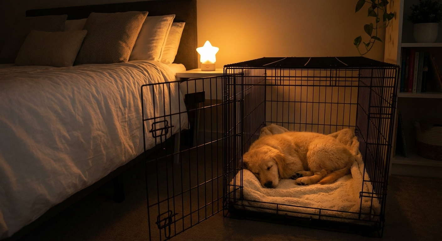 A small puppy sleeping calmly inside a crate next to a bed with a soft nightlight in the room