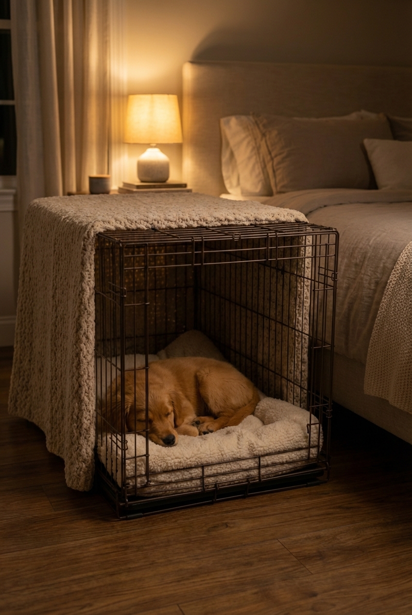 A small puppy sleeping in a crate beside a bed at night with a dim lamp in the room
