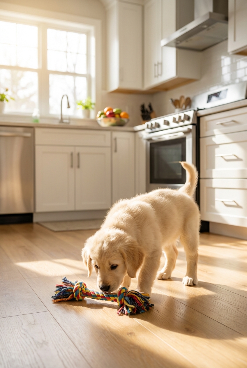A small puppy sniffing a new toy in a bright kitchen