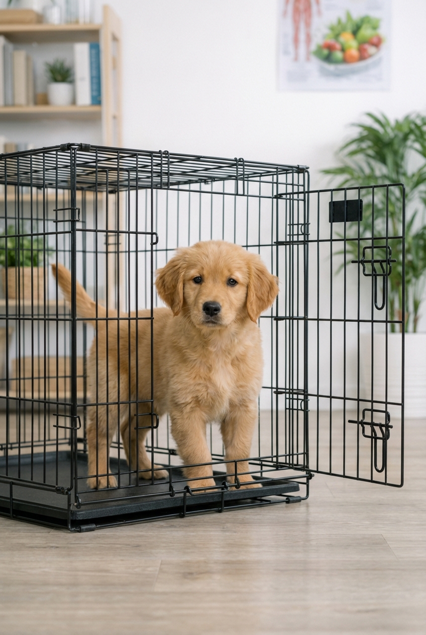 A small puppy standing inside a properly sized wire crate with the door open