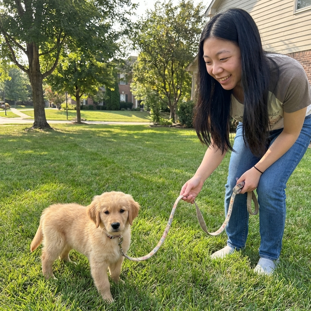 A small puppy standing on grass outdoors while a person holds a leash loosely