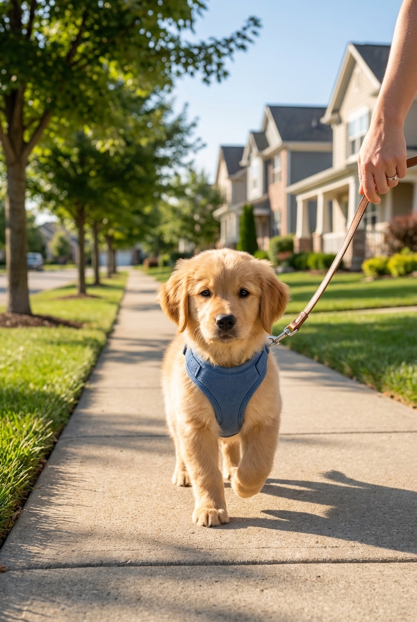 A small puppy wearing a comfortable harness while being walked on a quiet sidewalk