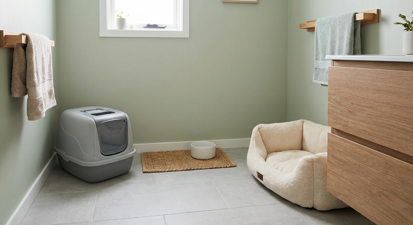 A small quiet bathroom set up for a cat with a litter box, water bowl, and a soft bed