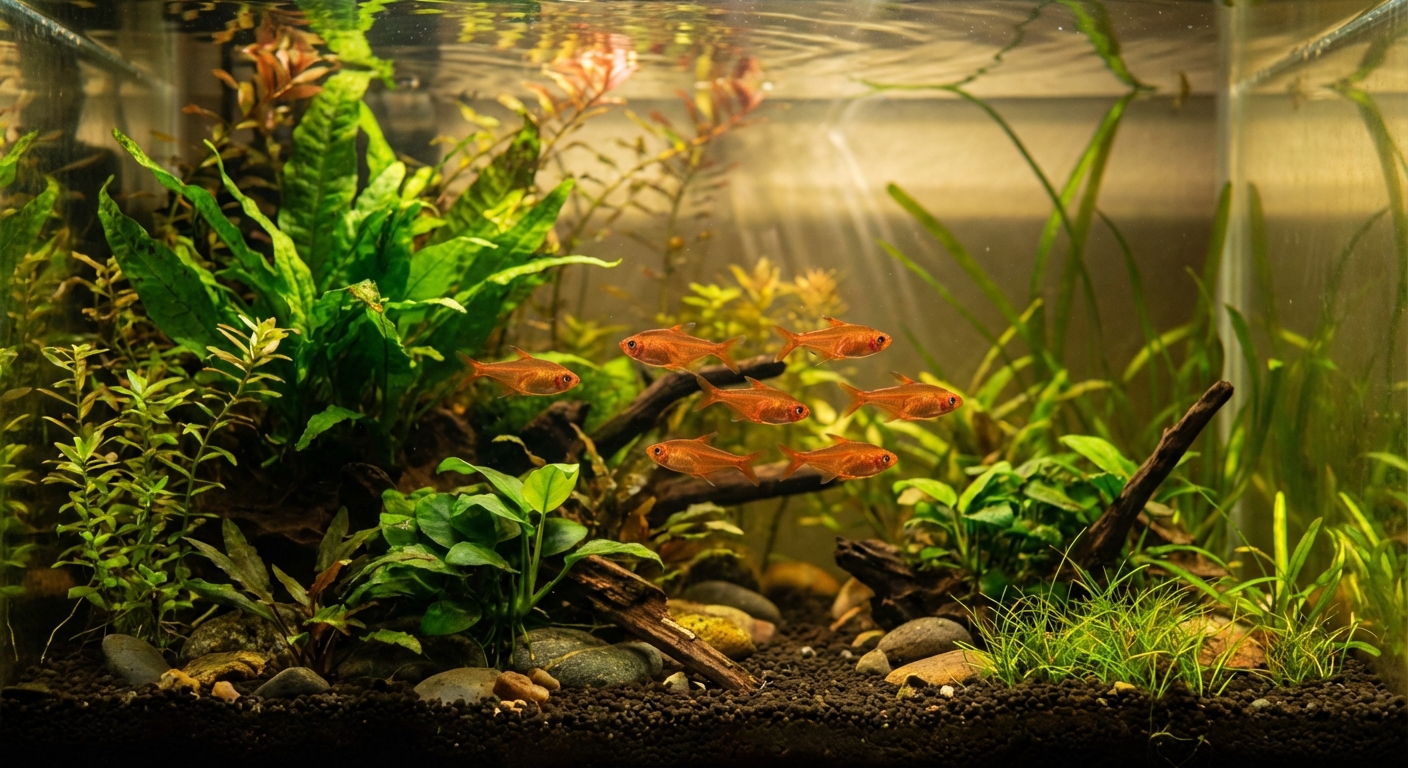 A small school of ember tetras swimming through green aquatic plants in warm aquarium water