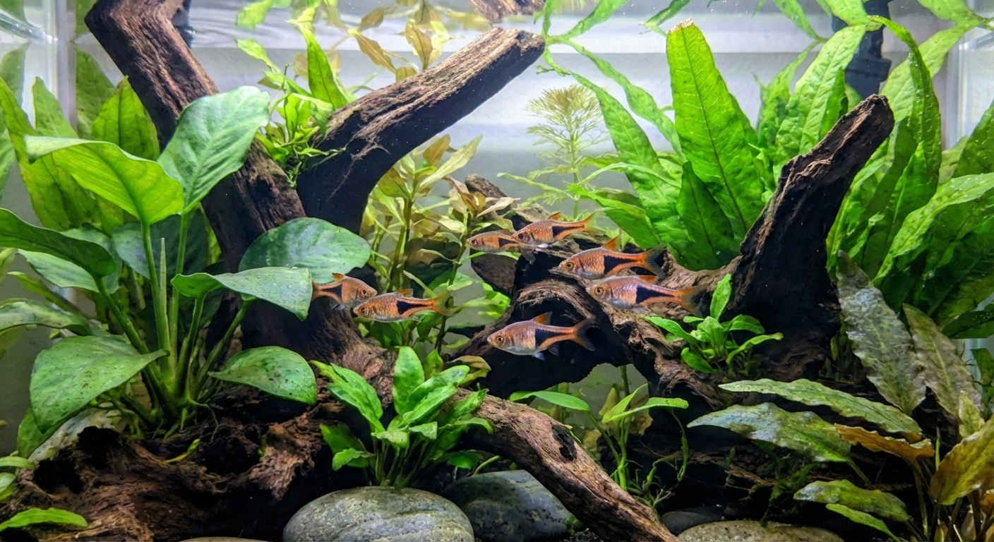 A small school of harlequin rasboras swimming in the middle of a planted aquarium