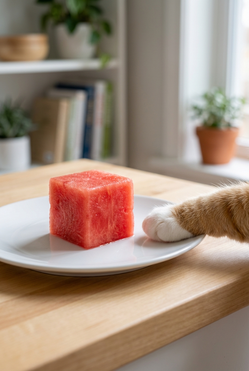 A small seedless watermelon cube on a white plate next to a cat paw