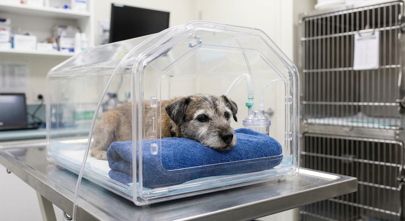 A small senior dog resting in an oxygen kennel at a veterinary hospital with its head slightly elevated