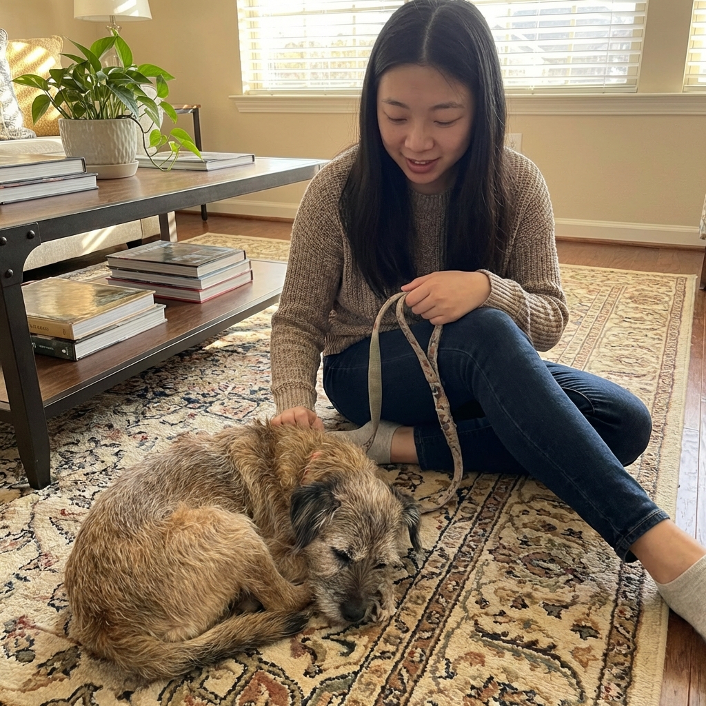 A small senior dog resting on a living room rug while a person holds a leash nearby