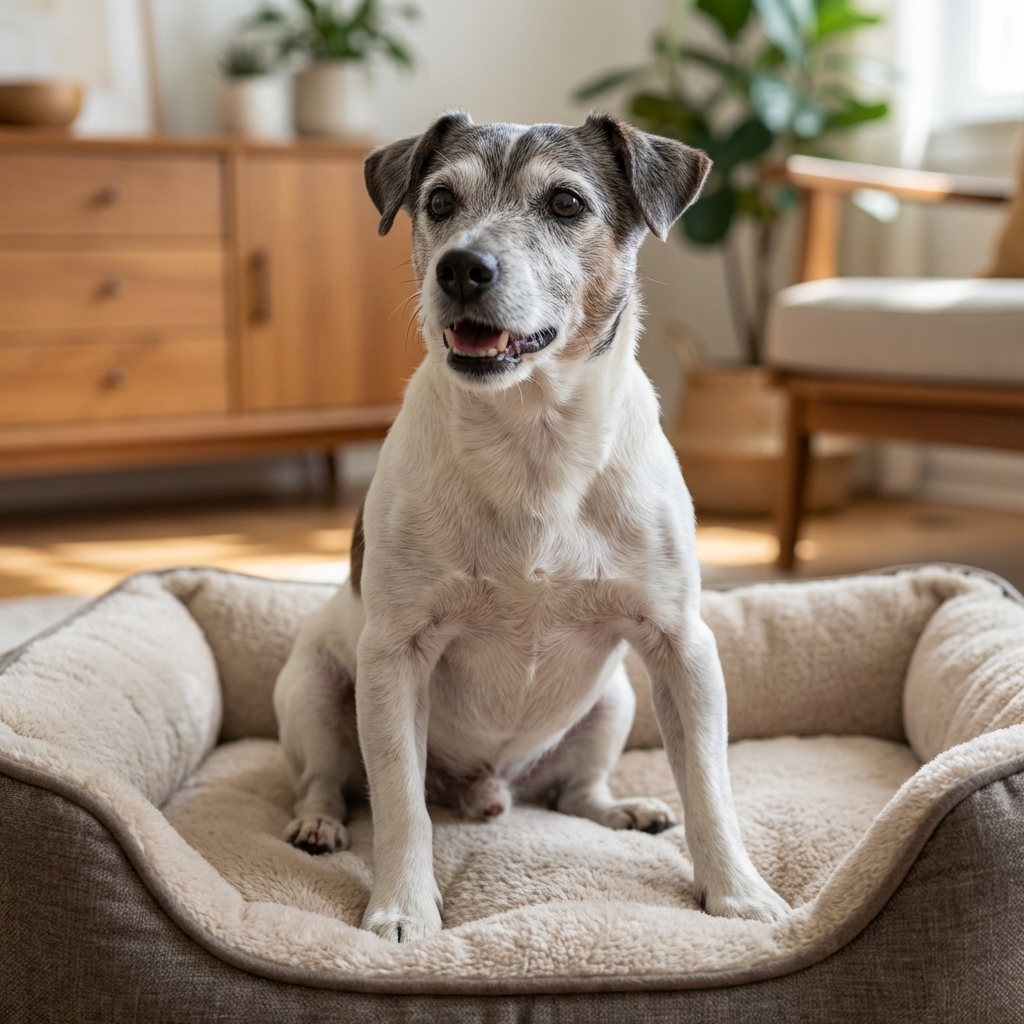 A small senior dog sitting upright on a dog bed with elbows slightly out and visible effort breathing