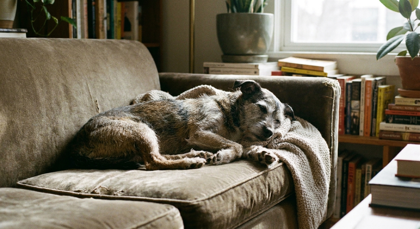 A small senior dog sleeping peacefully on a couch with relaxed posture and steady breathing