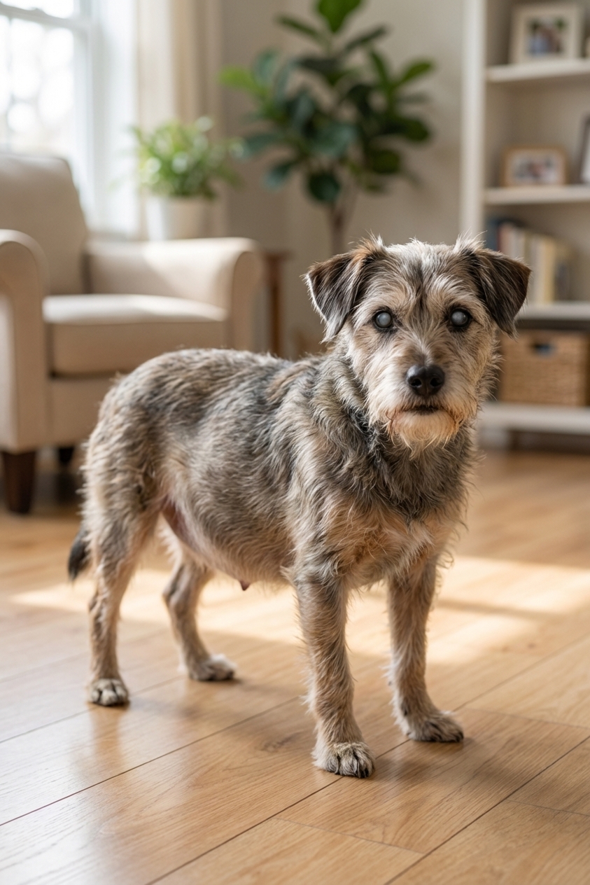 A small senior dog standing indoors with a visibly rounded abdomen while looking toward the camera, natural home lighting, photorealistic