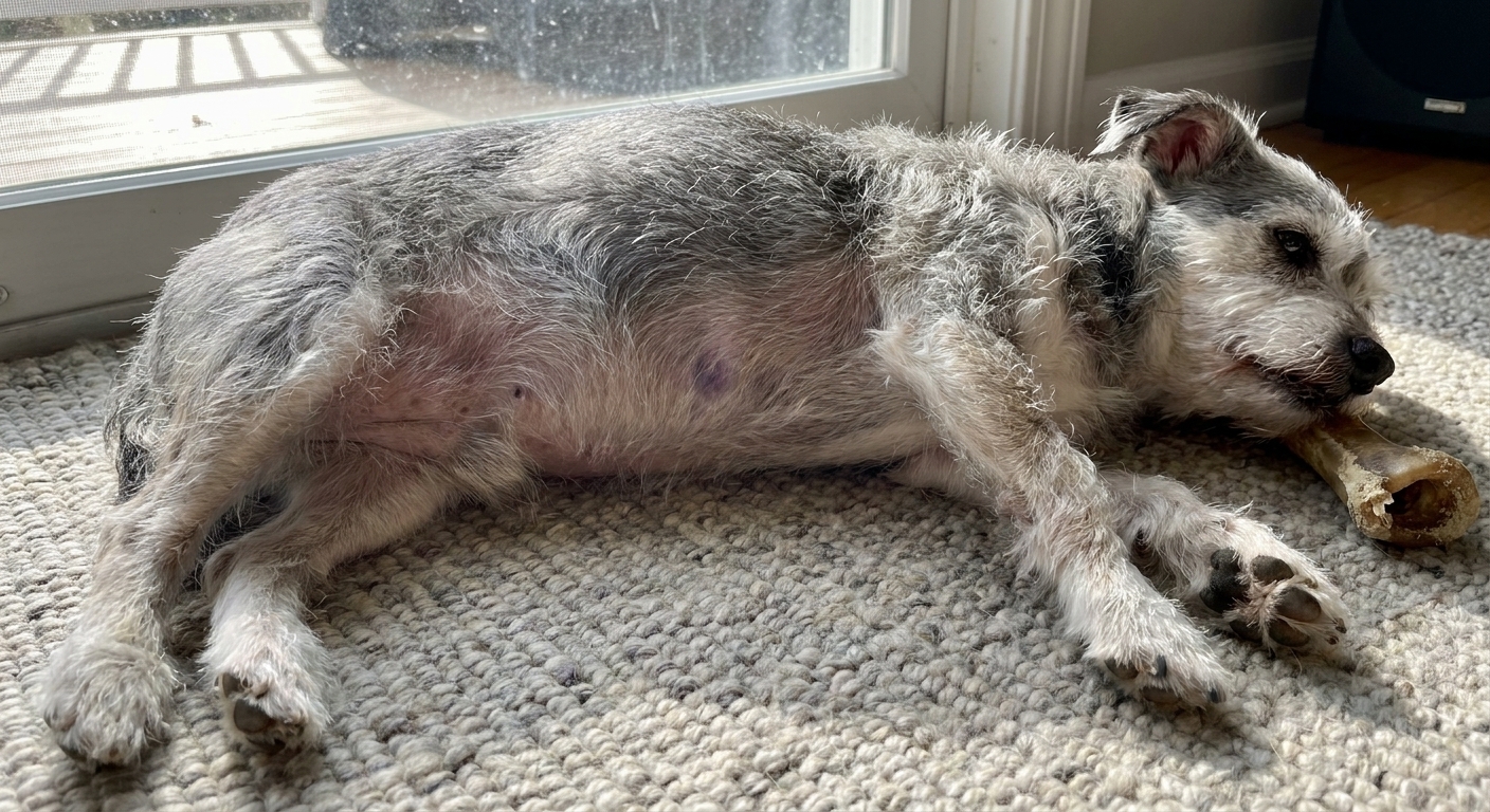 A small senior mixed-breed dog lying on a living room rug with visible thin skin and a faint purple bruise on the side of the abdomen, natural window light, realistic photography style