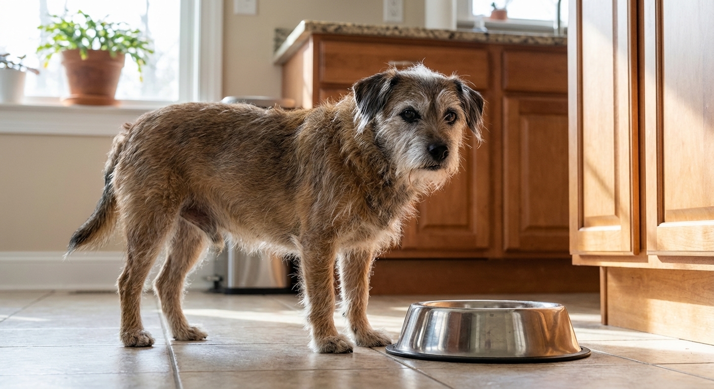 A small senior mixed-breed dog standing calmly in a bright kitchen next to a stainless steel water bowl, natural window light, photorealistic