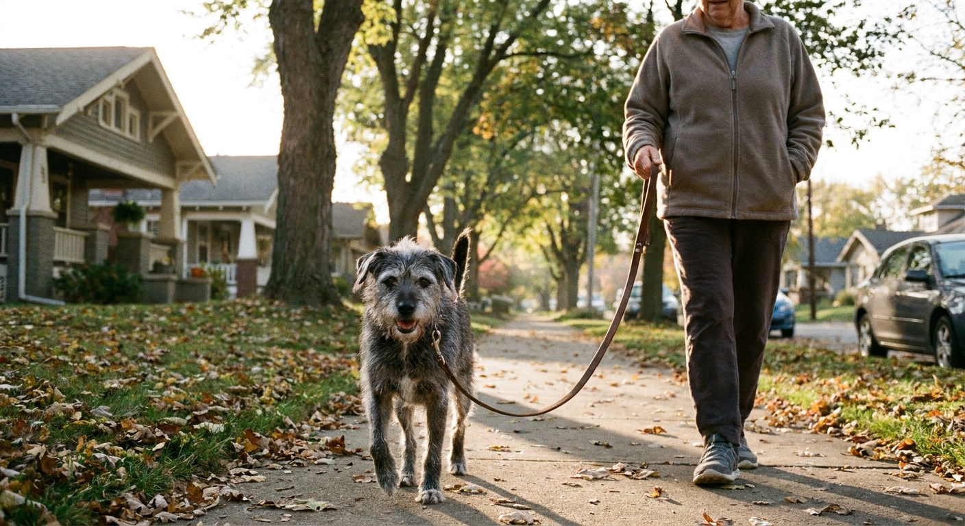 A small senior mixed-breed dog walking on a leash beside its owner on a quiet neighborhood sidewalk in soft morning light