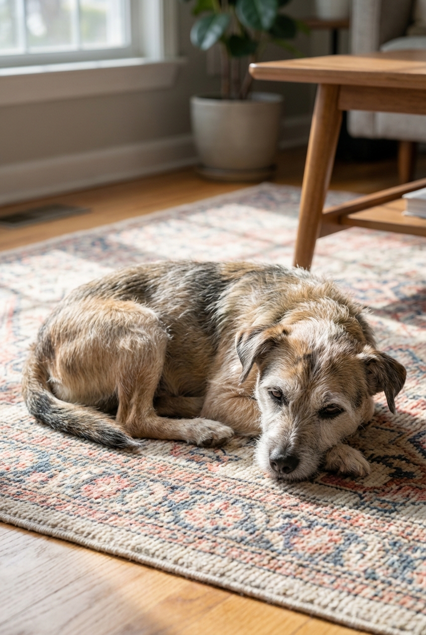 A small senior mixed-breed dog with a thin coat resting on a living room rug