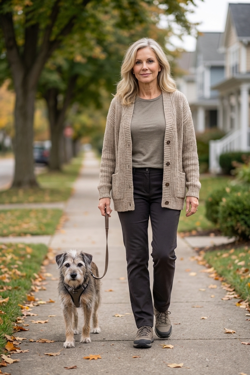 A small senior rescue dog walking slowly on a leash beside an older adult on a quiet sidewalk
