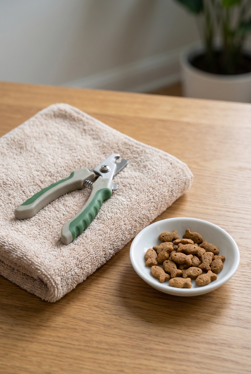 A small set-up on a table with cat nail clippers, a towel, and a small dish of cat treats