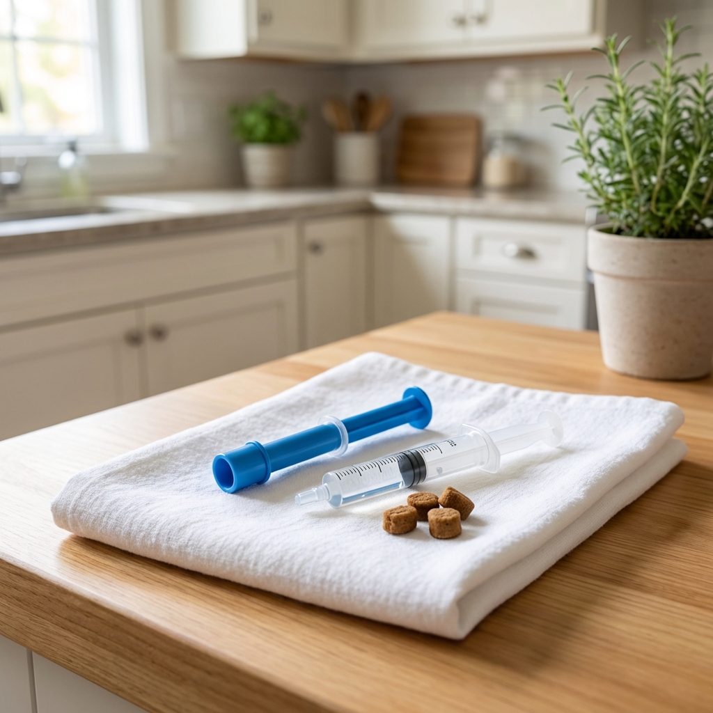 A small setup on a kitchen counter with a towel, a pill popper, a syringe of water, and a few soft cat treats