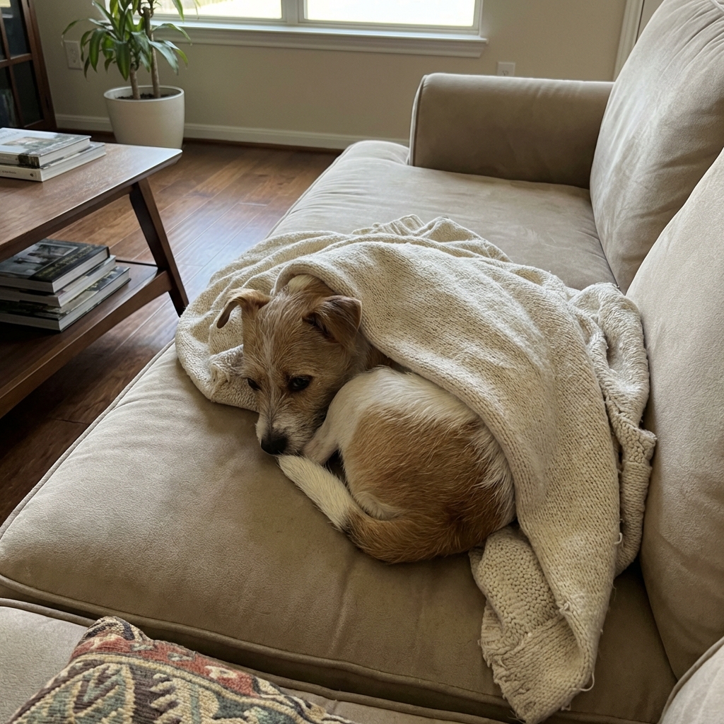 A small short-haired dog curled tightly under a soft blanket on a couch