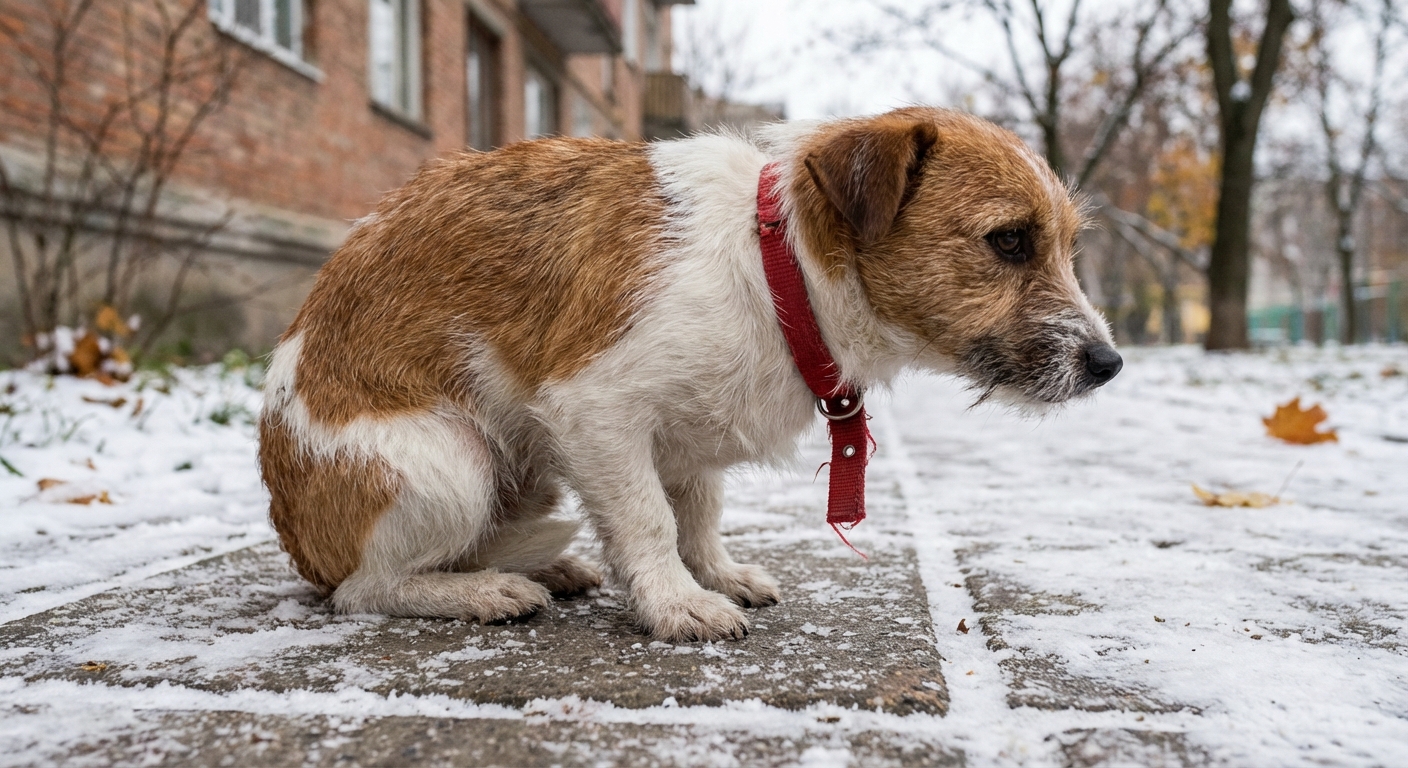 A small short-haired dog shivering slightly on a winter sidewalk while wearing a thin collar