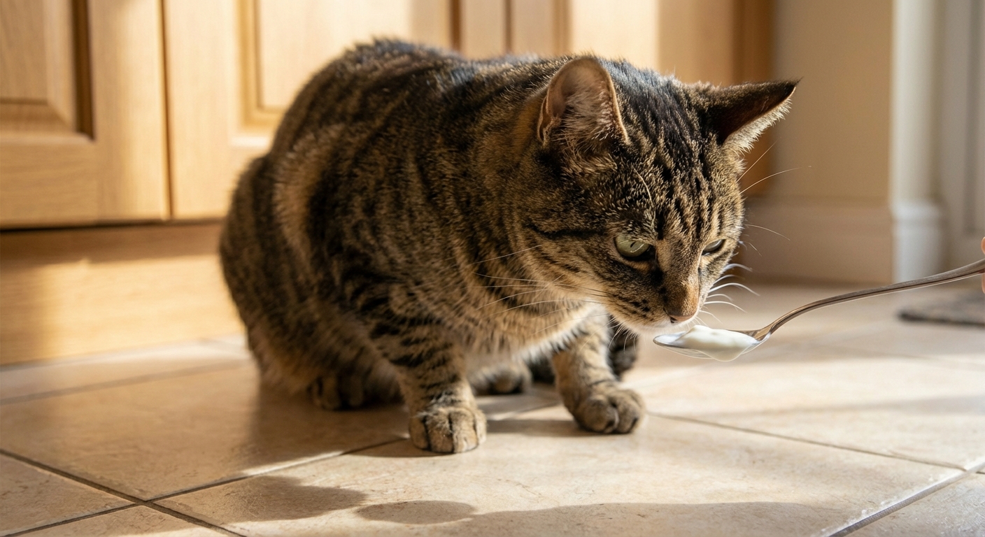A small spoon holding a tiny amount of plain yogurt next to a cat on a kitchen floor