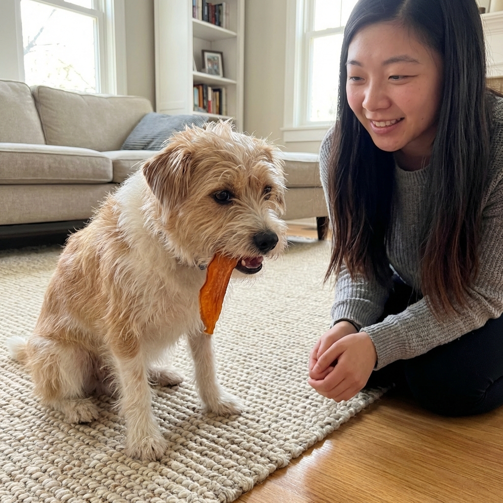 A small terrier sitting on a rug chewing a single dehydrated sweet potato strip while a person watches nearby