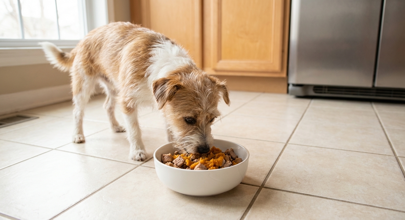 A small terrier-type dog eating from a white ceramic bowl containing homemade turkey and pumpkin mixture on a clean kitchen floor, natural indoor light, photorealistic