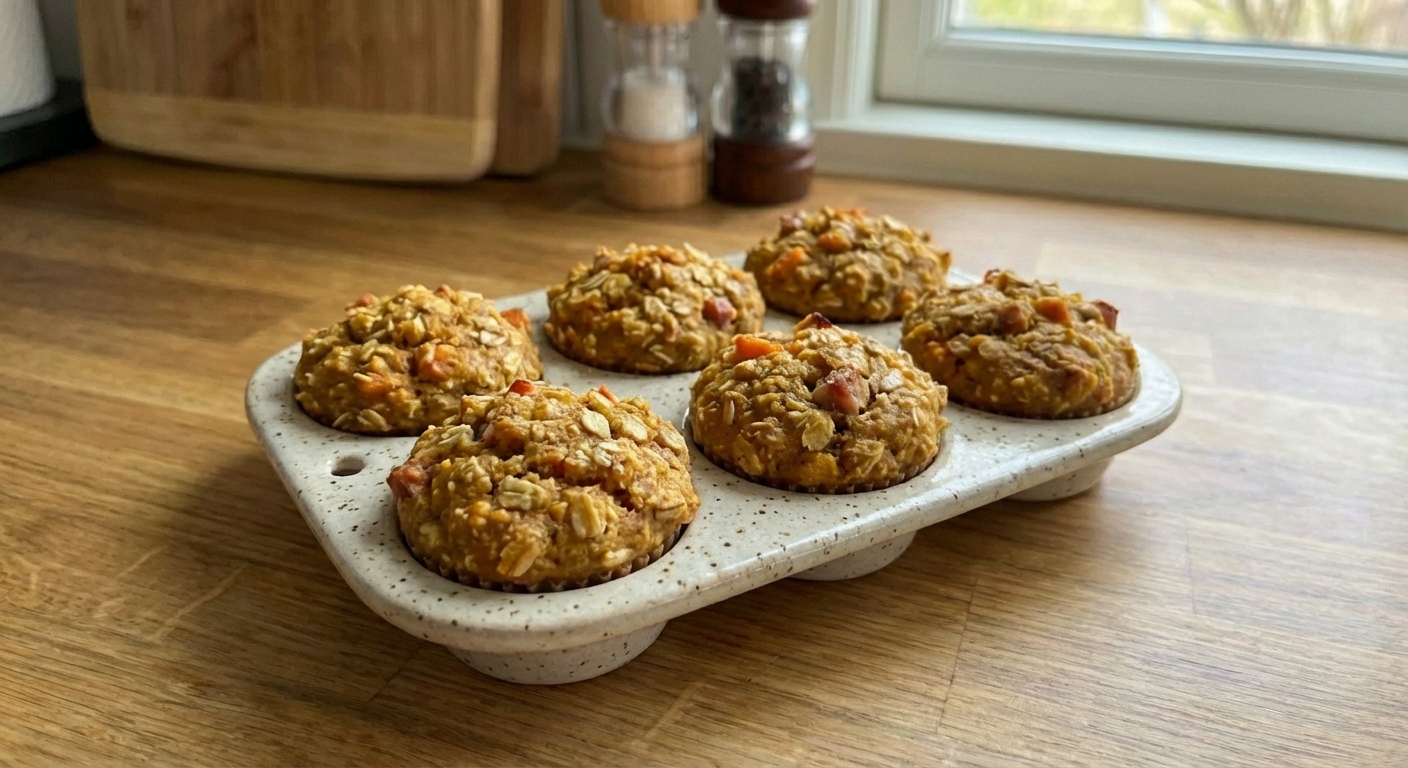 A small tray of baked mini muffins made for dogs on a wooden table