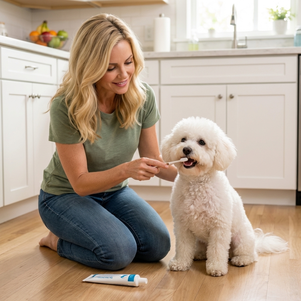 A small white Bichon Frise sitting on a kitchen floor while an owner gently brushes the dog’s teeth with a dog toothbrush, candid home photo