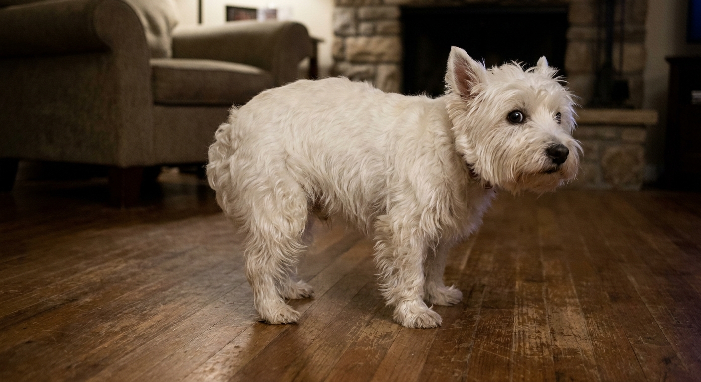 A small white West Highland White Terrier standing indoors with a tense posture as if trembling