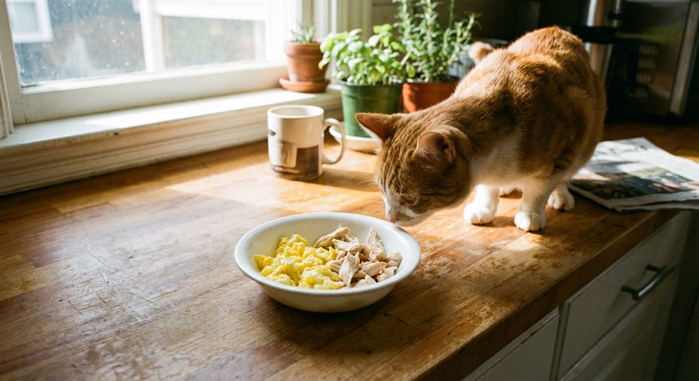 A small white bowl of plain cooked egg and chicken pieces on a countertop with a cat nearby