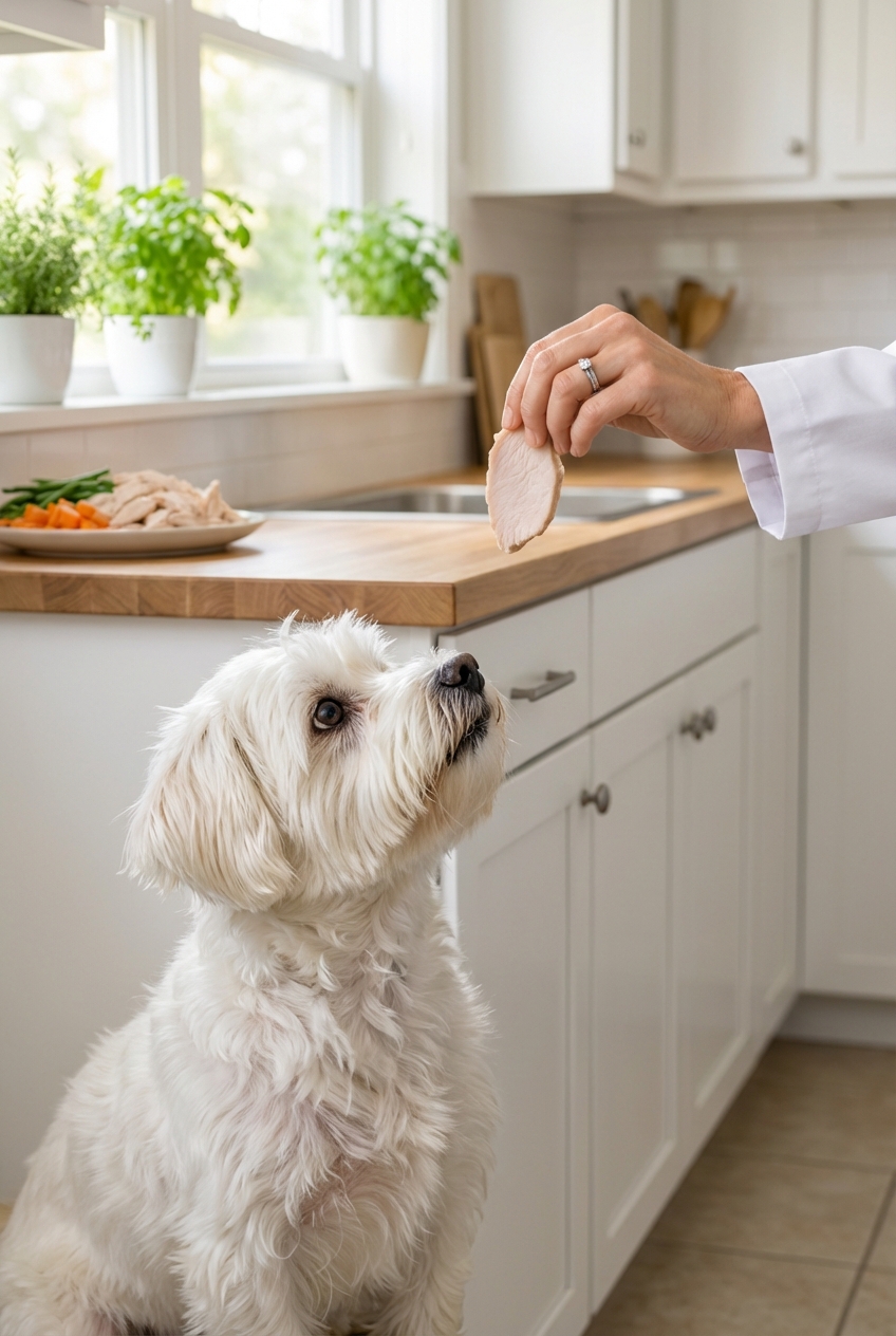 A small white dog looking up at a hand holding a piece of plain cooked turkey over a kitchen counter
