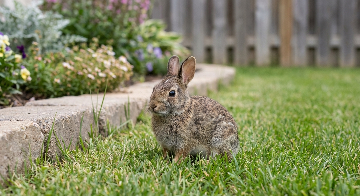 A small wild cottontail rabbit kit sitting still in short grass near a garden edge, natural outdoor light, photorealistic