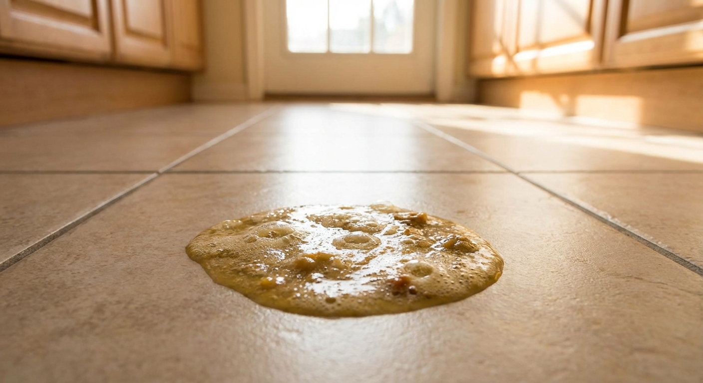 A small yellow foamy puddle of vomit on a tile floor in a home