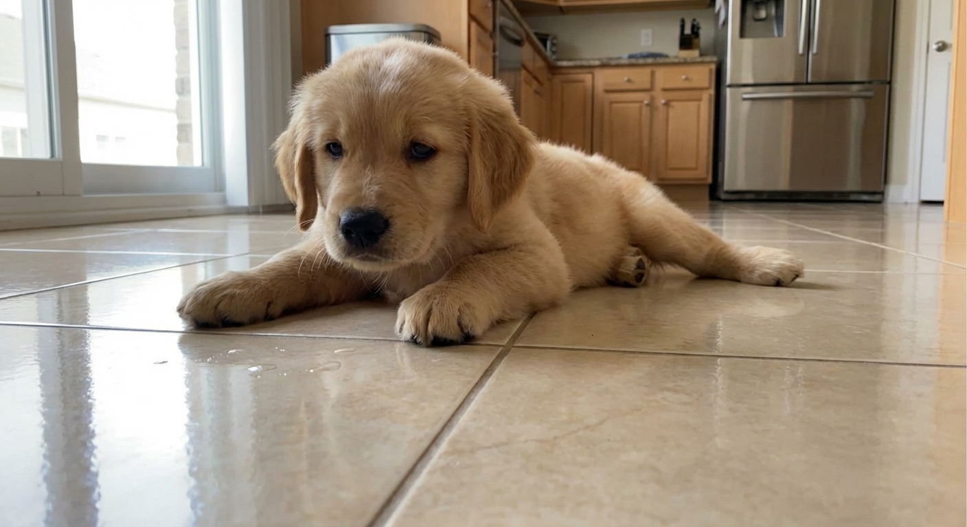 A small young puppy on a smooth tile floor with the legs slipping outward to the sides while the puppy tries to push up