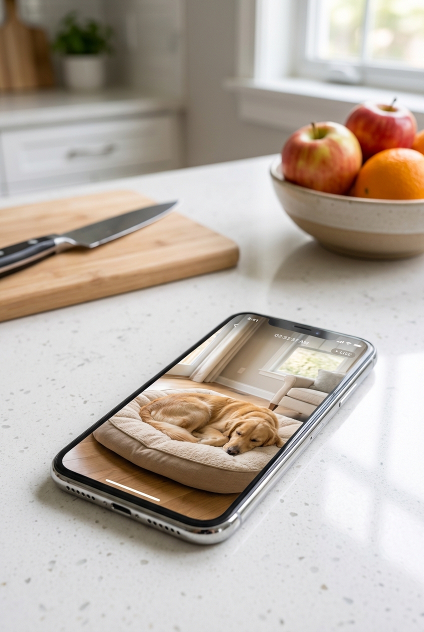 A smartphone on a kitchen counter showing a live video feed of a dog resting on a bed at home