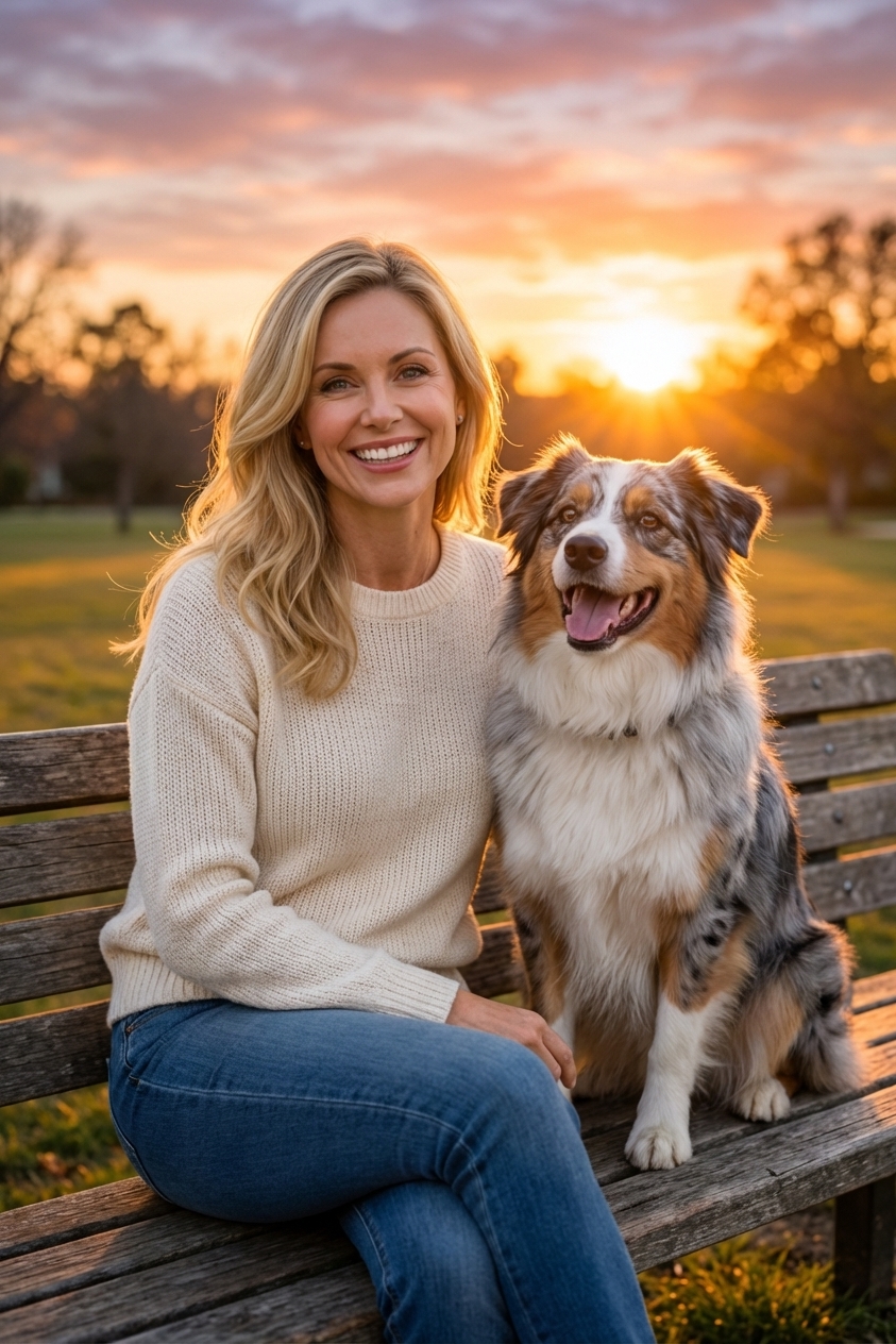 A smiling Australian Shepherd sitting beside its owner on a park bench at sunset
