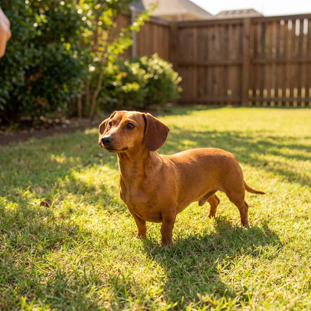 A smooth-coated red Dachshund standing in a sunny backyard, looking alert and confident, real photograph