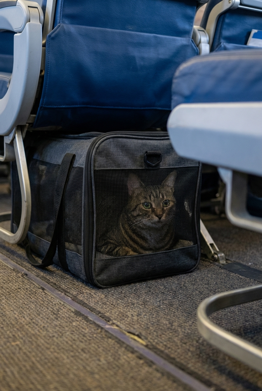 A soft-sided pet carrier under an airplane seat with a cat visible through the mesh panel