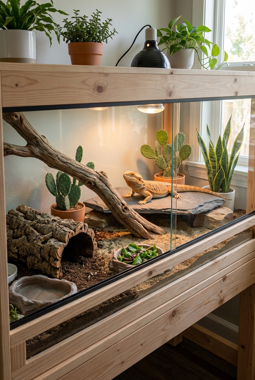 A spacious bearded dragon enclosure with a basking platform, hide, and climbing branch