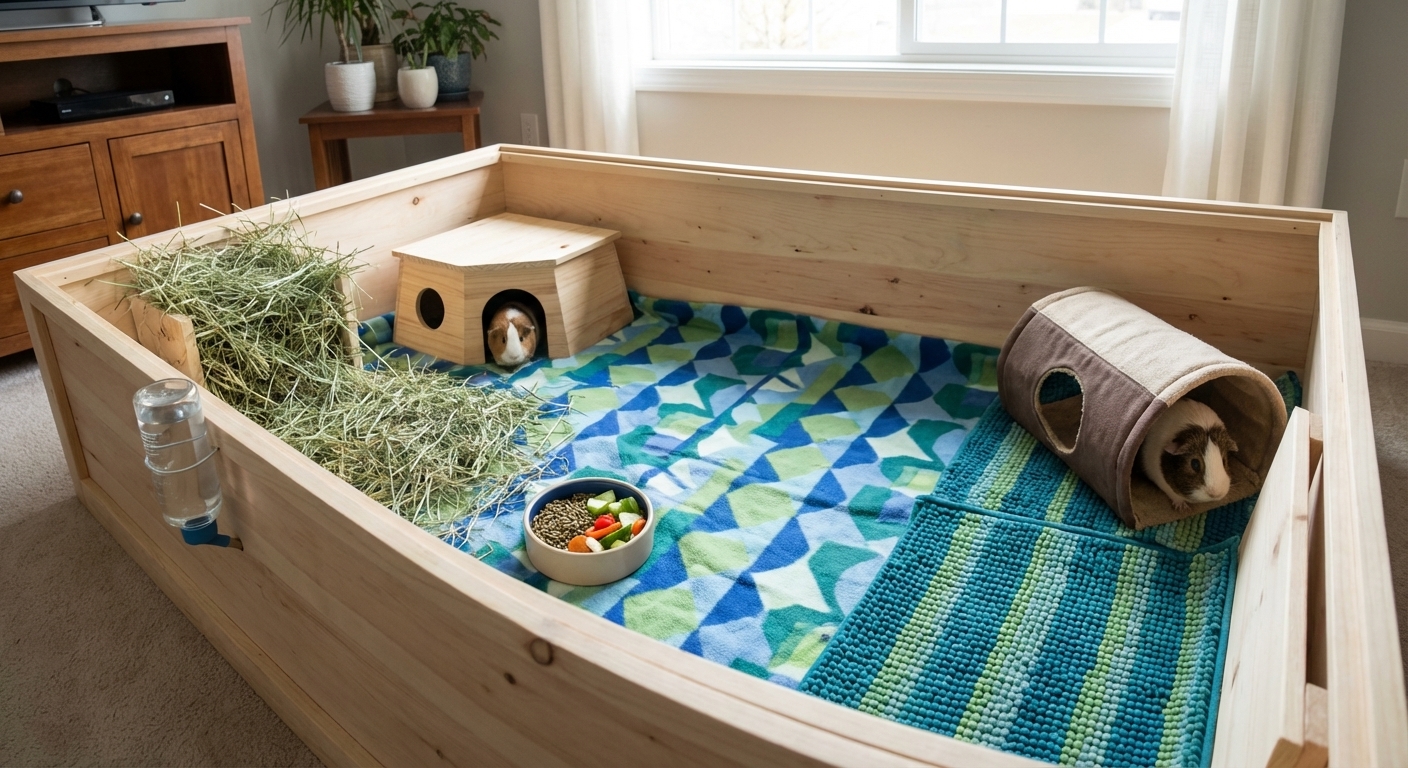 A spacious indoor guinea pig enclosure with fleece bedding, a hay pile, two hide houses, a water bottle, and a food bowl, photorealistic