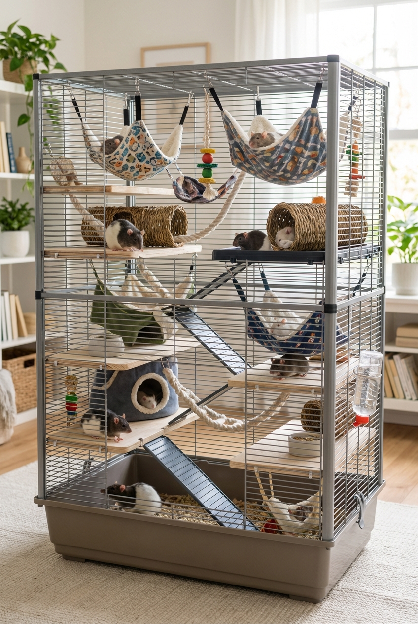 A spacious multi-level rat cage with hammocks, tunnels, and solid platforms