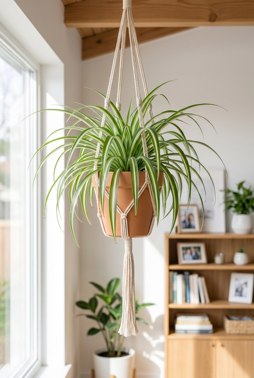 A spider plant with long arching leaves in a hanging pot inside a home