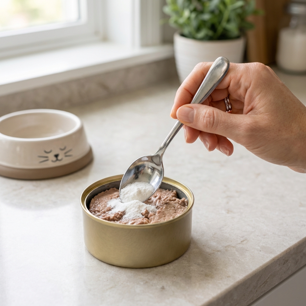 A spoon mixing a small amount of white powder into canned cat food in a kitchen