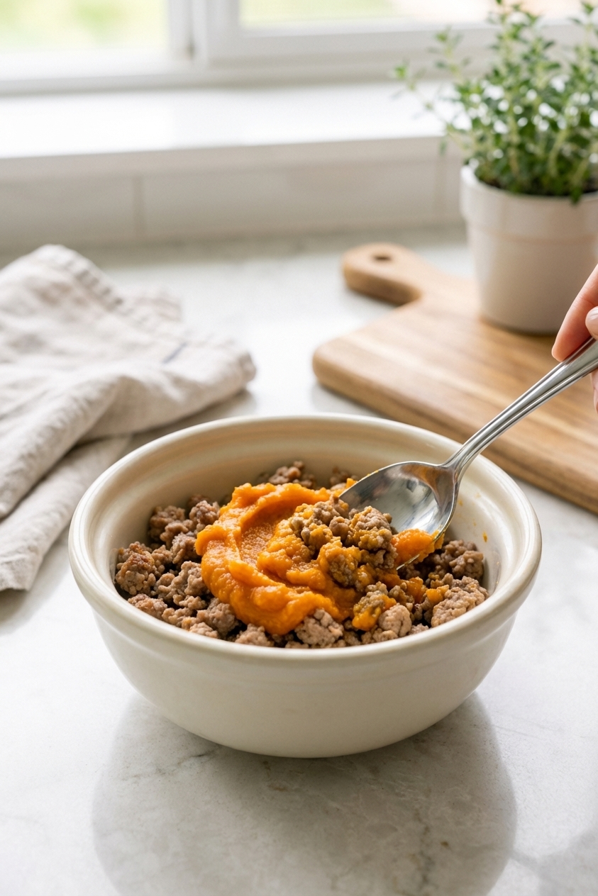 A spoon mixing cooked ground turkey with plain canned pumpkin in a small ceramic bowl on a kitchen counter