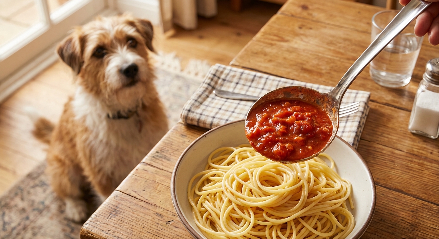 A spoon of tomato sauce on pasta on a dining table with a dog looking up