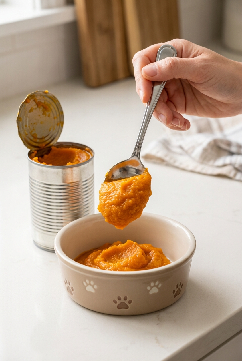 A spoon scooping plain canned pumpkin next to a dog food bowl on a countertop