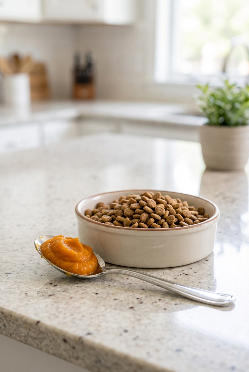 A spoon with a small amount of plain canned pumpkin near a cat food bowl