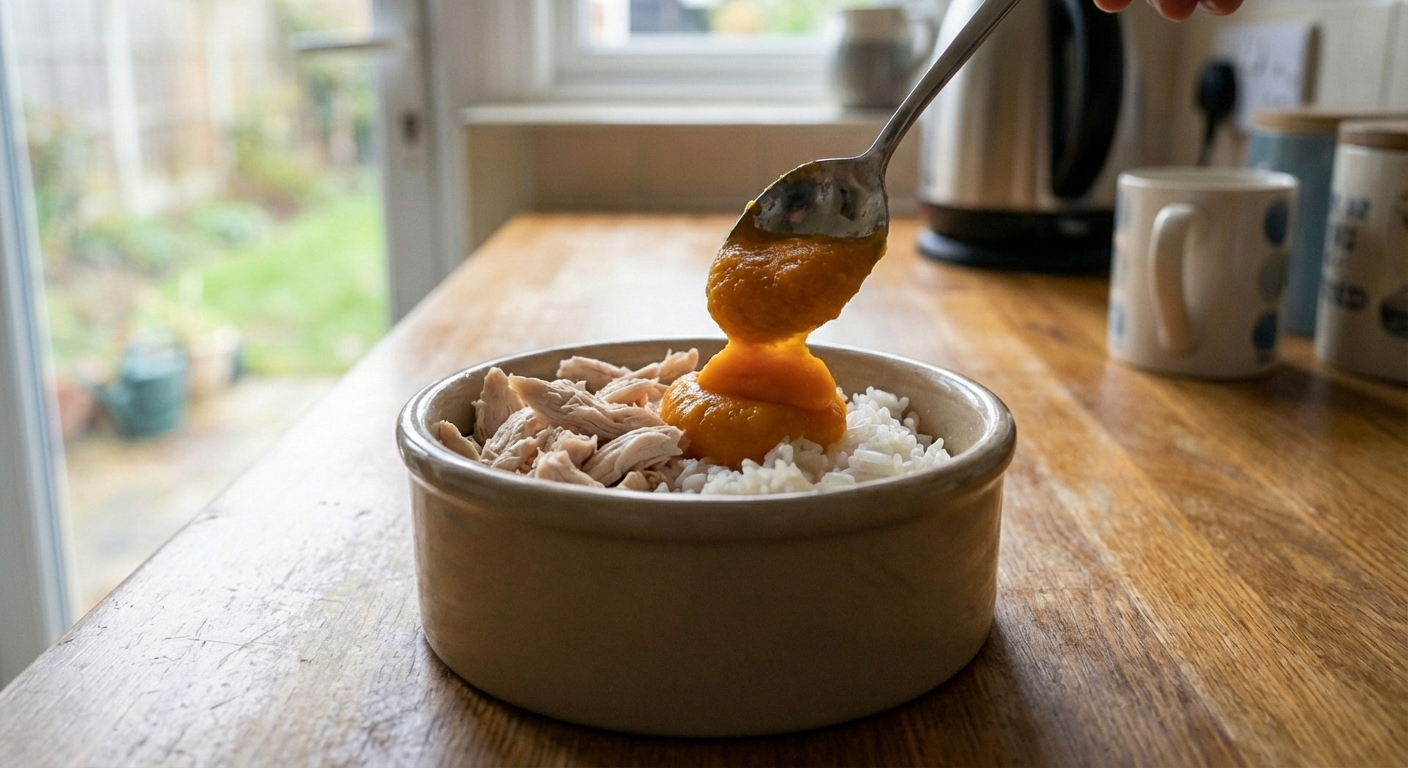 A spoonful of plain canned pumpkin being added to a dog’s bland food bowl