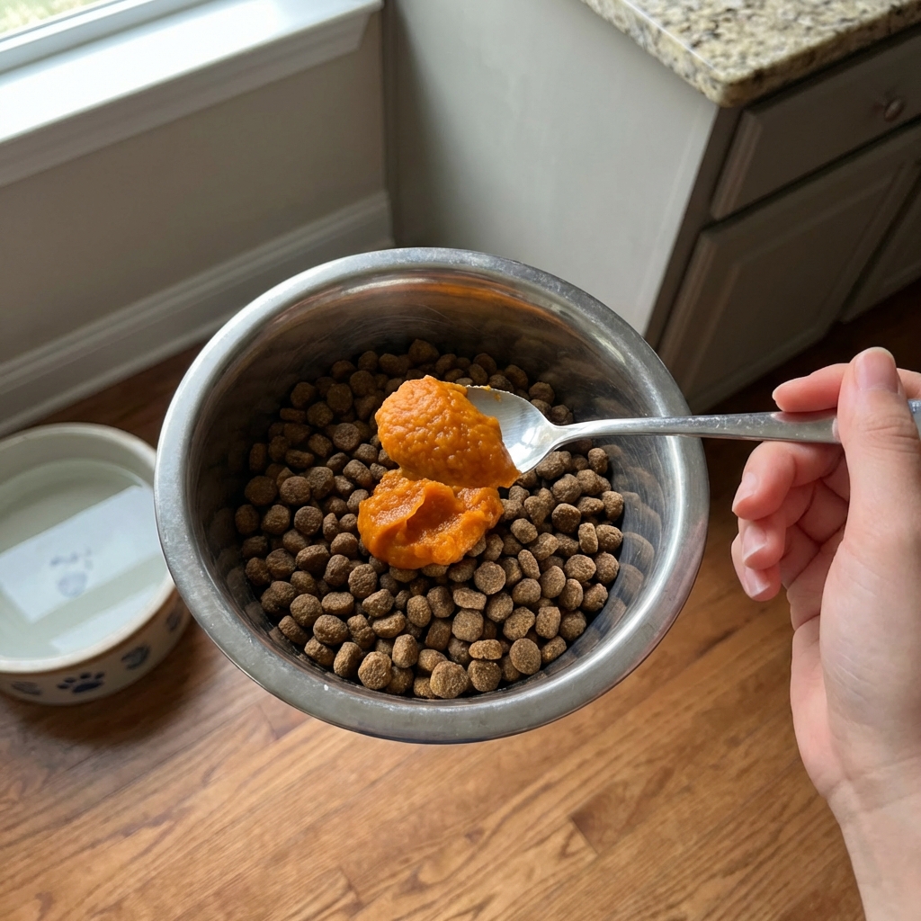 A spoonful of plain canned pumpkin being mixed into a dog’s food bowl